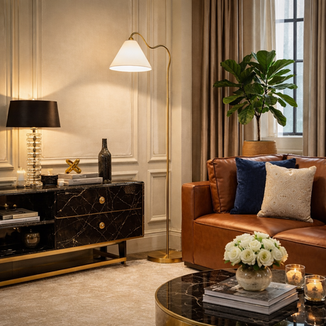 Majestic Brass Ring Base Curved Floor Lamp by Ashcroft Furniture at Eve Furniture