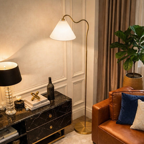 Majestic Brass Ring Base Curved Floor Lamp by Ashcroft Furniture at Eve Furniture