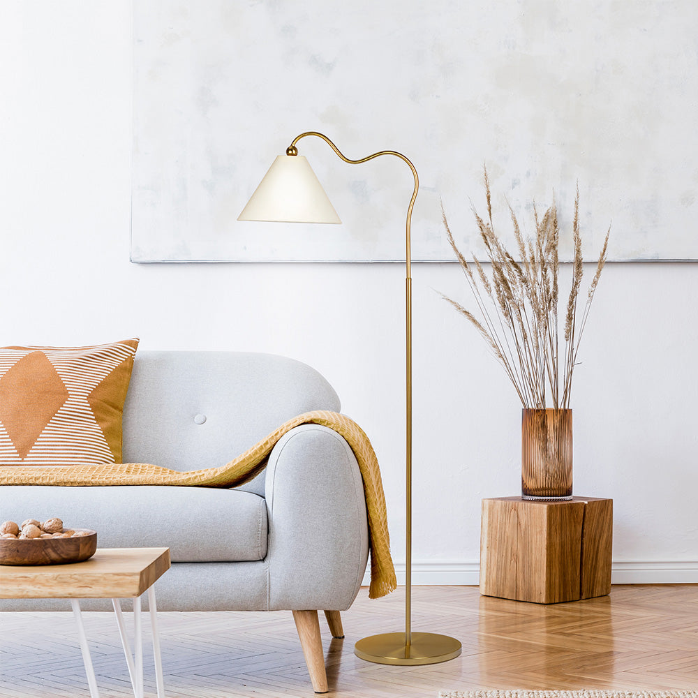 Majestic Brass Ring Base Curved Floor Lamp with Triangle White Drum Shade by Westin Decor at Eve Furniture