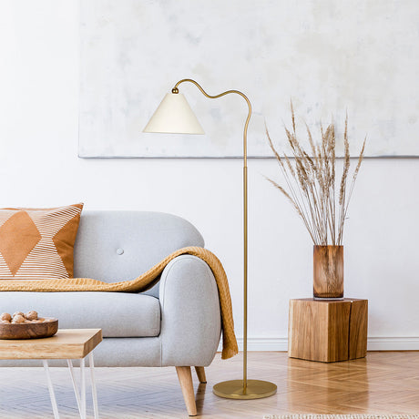 Majestic Brass Ring Base Curved Floor Lamp with Triangle White Drum Shade by Westin Decor at Eve Furniture