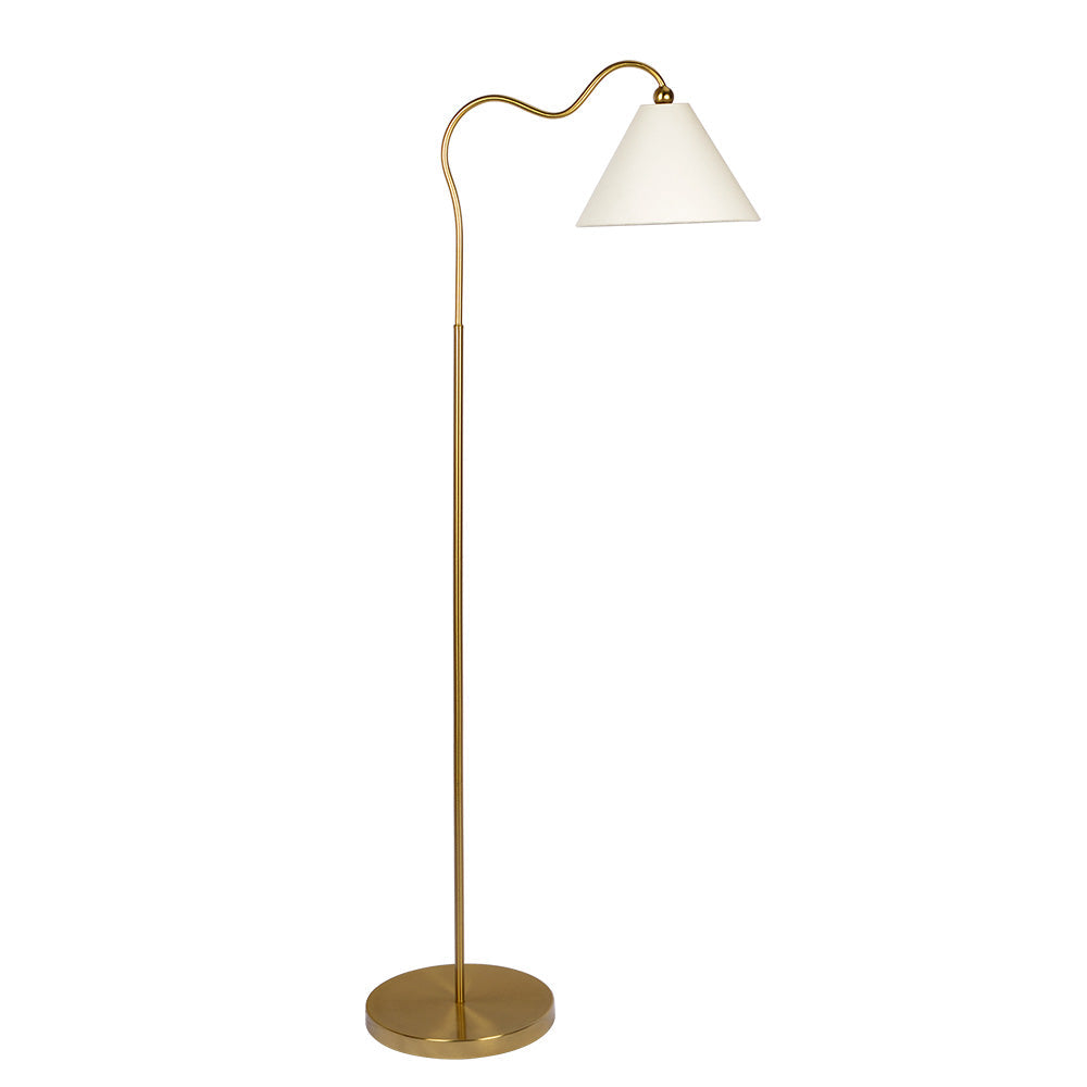 Majestic Brass Ring Base Curved Floor Lamp with Triangle White Drum Shade by Westin Decor at Eve Furniture