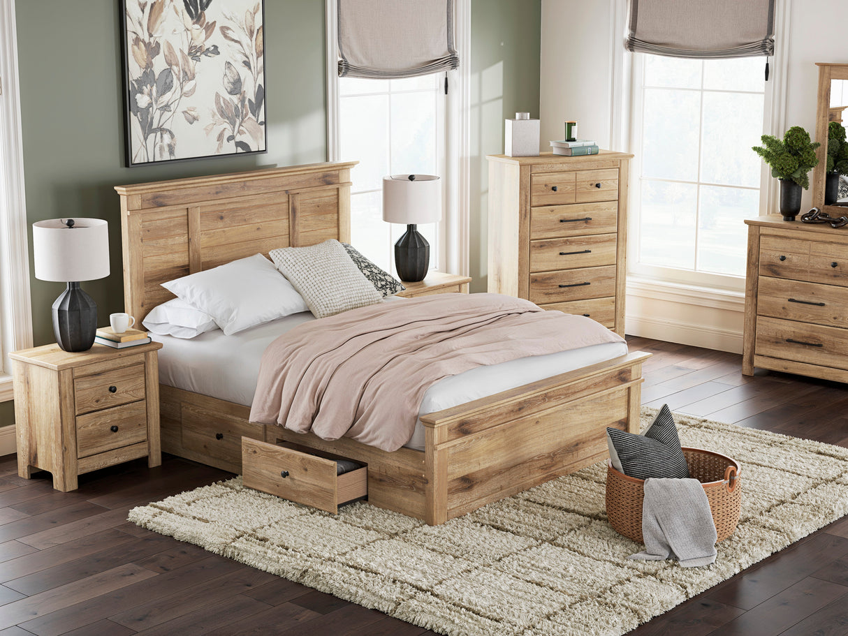 Makidern Tan Panel Storage Bedroom Set with 4 Side Drawers by Ashley at Eve Furniture