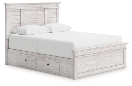 Makidern Whitewash Queen Panel Bed with Storage, Dresser and Mirror by Ashley at Eve Furniture