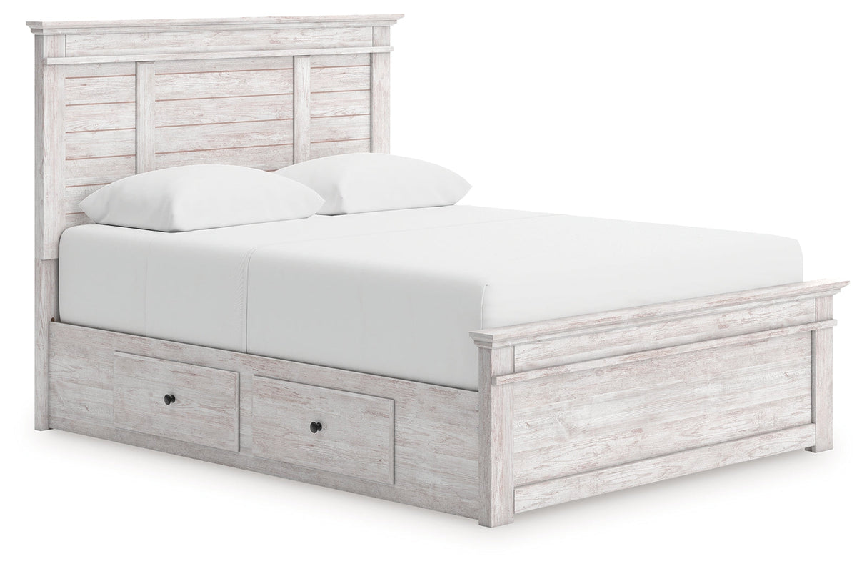 Makidern Whitewash Queen Panel Bed with Storage, Dresser and Mirror by Ashley at Eve Furniture