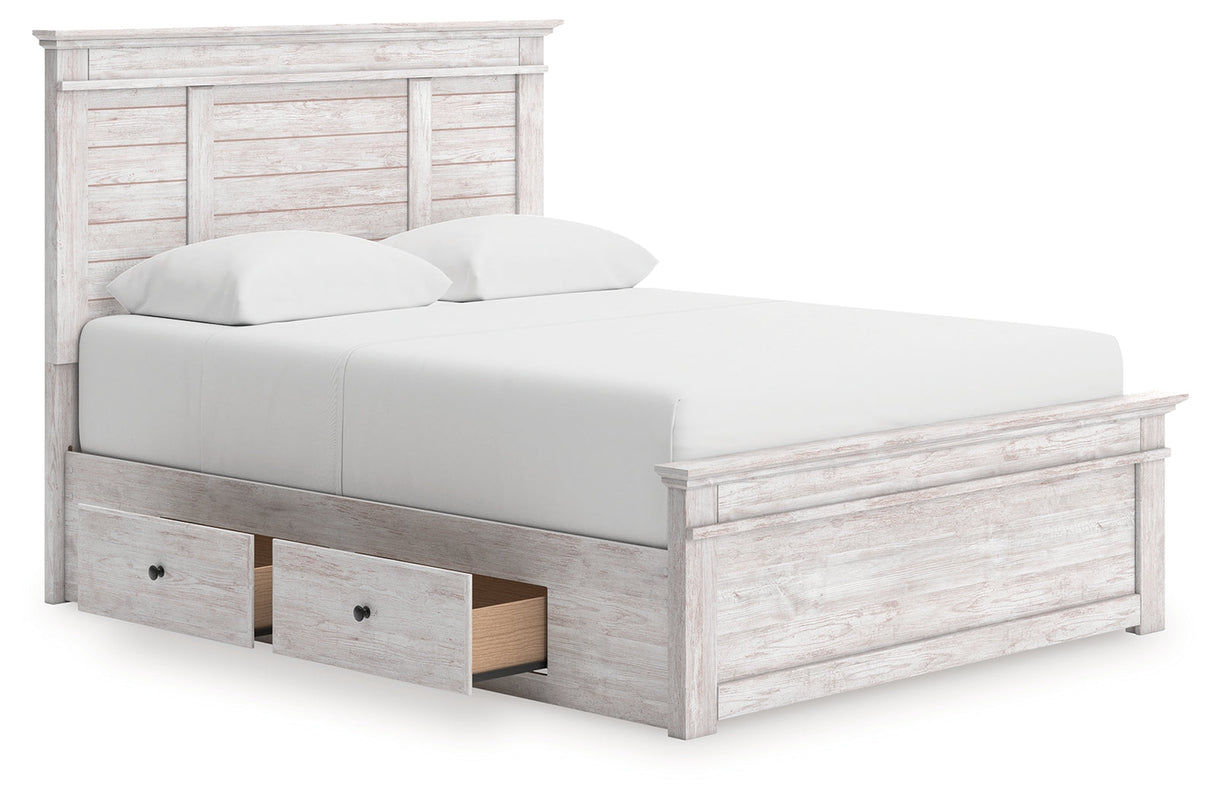 Makidern Whitewash Queen Panel Bed with Storage, Dresser and Mirror by Ashley at Eve Furniture