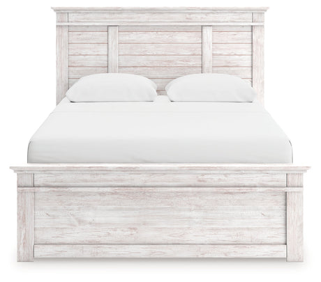 Makidern Whitewash Queen Panel Bed with Storage, Dresser and Mirror by Ashley at Eve Furniture