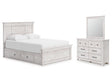 Makidern Whitewash Queen Panel Bed with Storage, Dresser and Mirror by Ashley at Eve Furniture