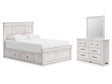 Makidern Whitewash Queen Panel Bed with Storage, Dresser and Mirror by Ashley at Eve Furniture