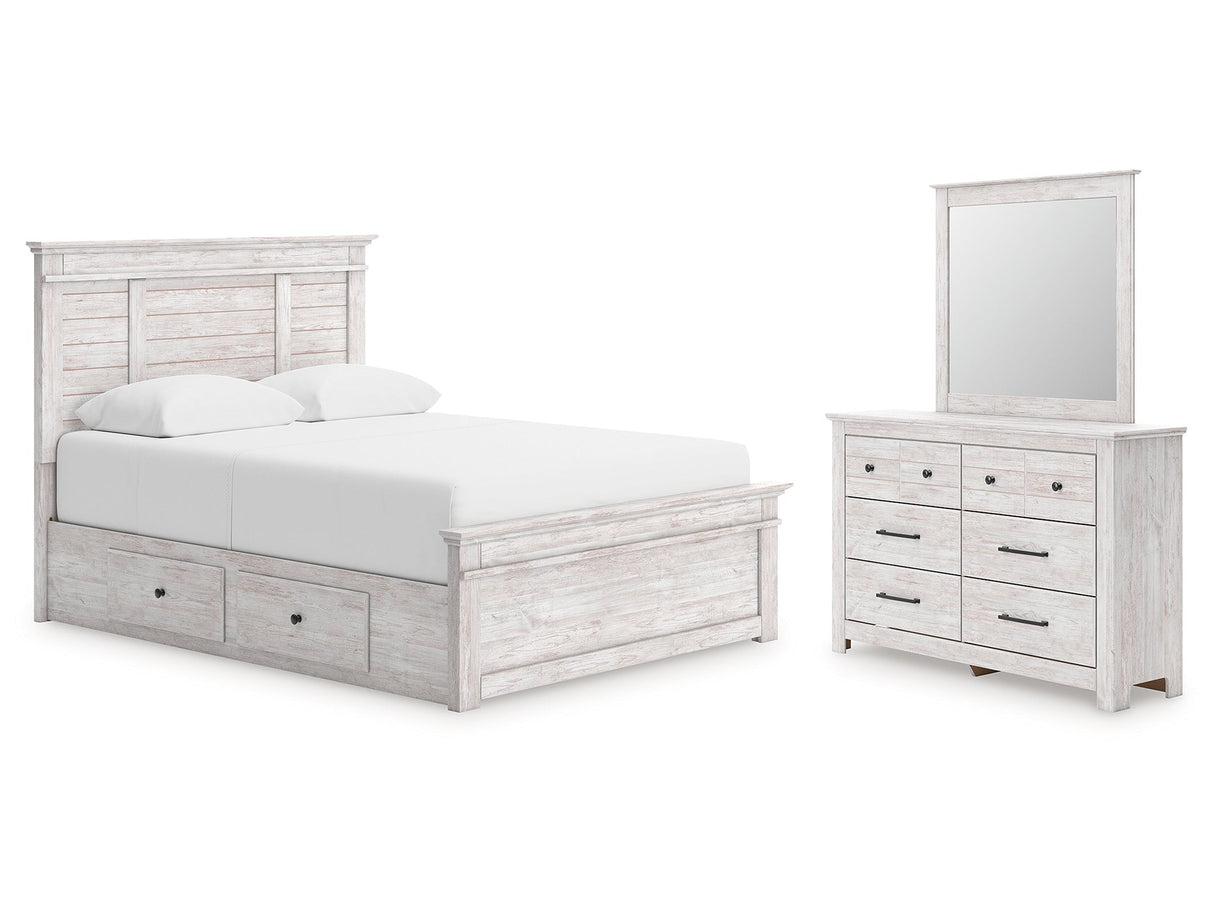 Makidern Whitewash Queen Panel Bed with Storage, Dresser and Mirror by Ashley at Eve Furniture