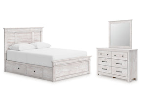 Makidern Whitewash Queen Panel Bed with Storage, Dresser and Mirror by Ashley at Eve Furniture