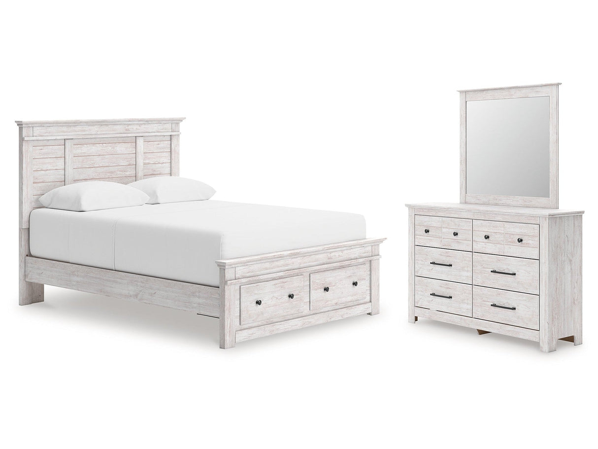 Makidern Whitewash Queen Panel Storage Bed, Dresser and Mirror by Ashley at Eve Furniture