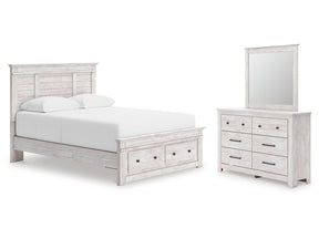 Makidern Whitewash Queen Panel Storage Bed, Dresser and Mirror by Ashley at Eve Furniture