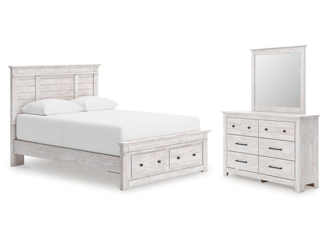 Makidern Whitewash Queen Panel Storage Bed, Dresser and Mirror by Ashley at Eve Furniture