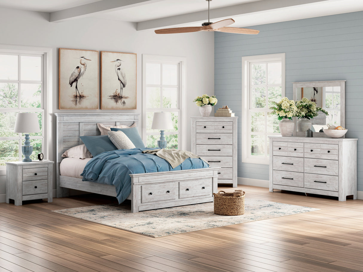 Makidern Whitewash Storage Panel Bedroom Set with 2 Footboard Drawers by Ashley at Eve Furniture