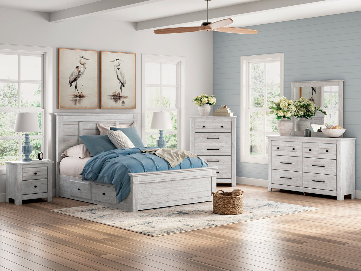 Makidern Whitewash Storage Panel Bedroom Set with 4 Side Drawers by Ashley at Eve Furniture