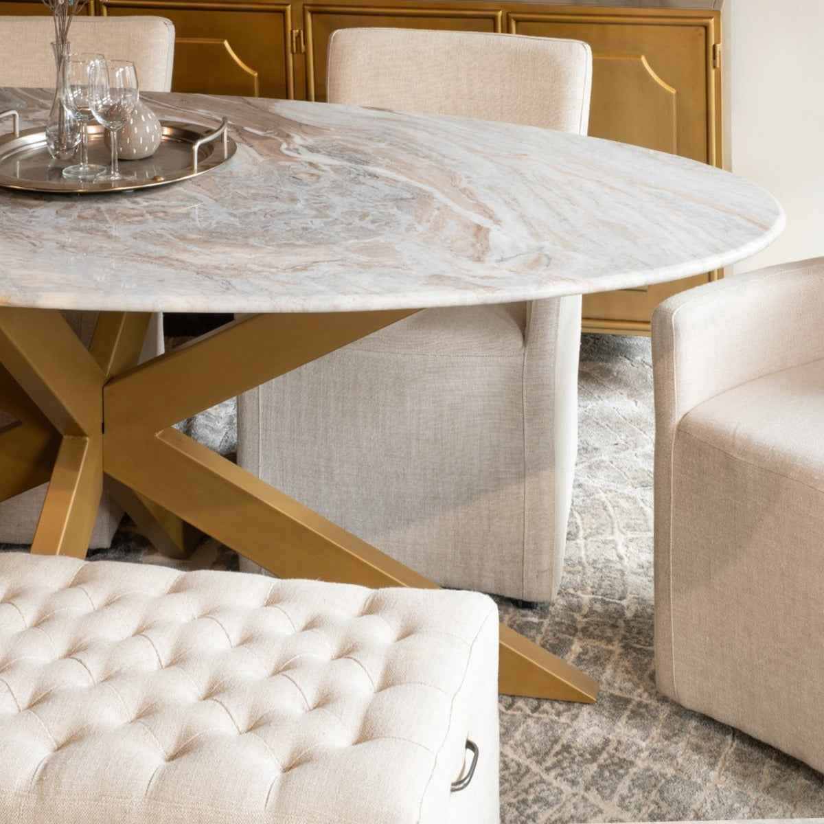 Malibu 90" Oval Dining Table in Sawar Marble with Antique Gold Base by Home Trends & Design at Eve Furniture