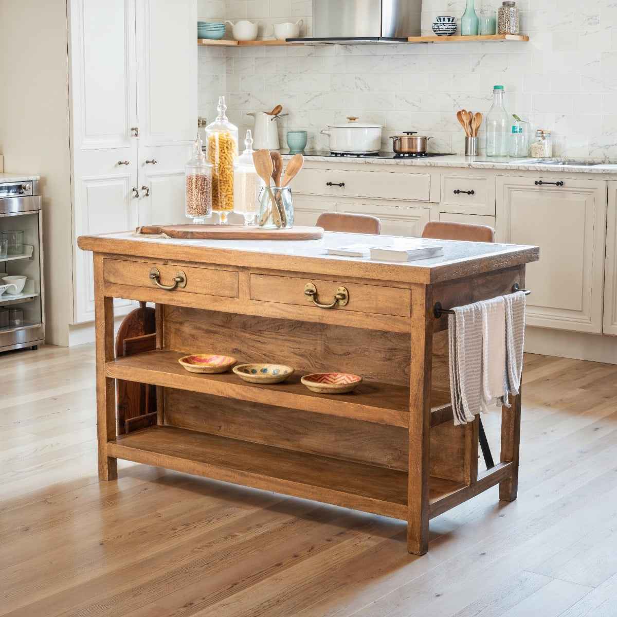 Manila 58" Kitchen Island Table with White Marble Top and Natural Mango Base by Home Trends & Design at Eve Furniture