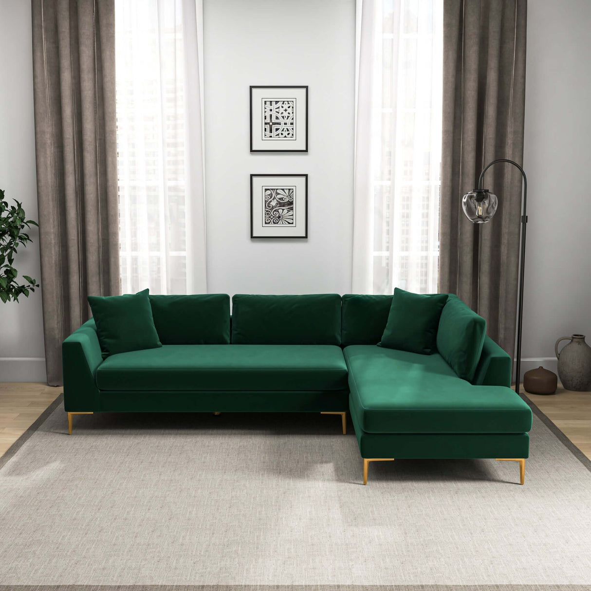 Mano Mid-Century Modern L-Shaped Velvet  Sectional Sofa in Green Right Sectional