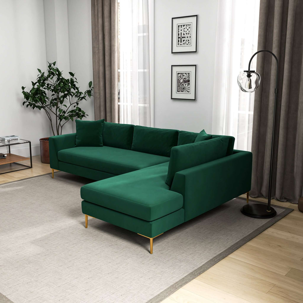 Mano Mid-Century Modern L-Shaped Velvet  Sectional Sofa in Green Right Sectional