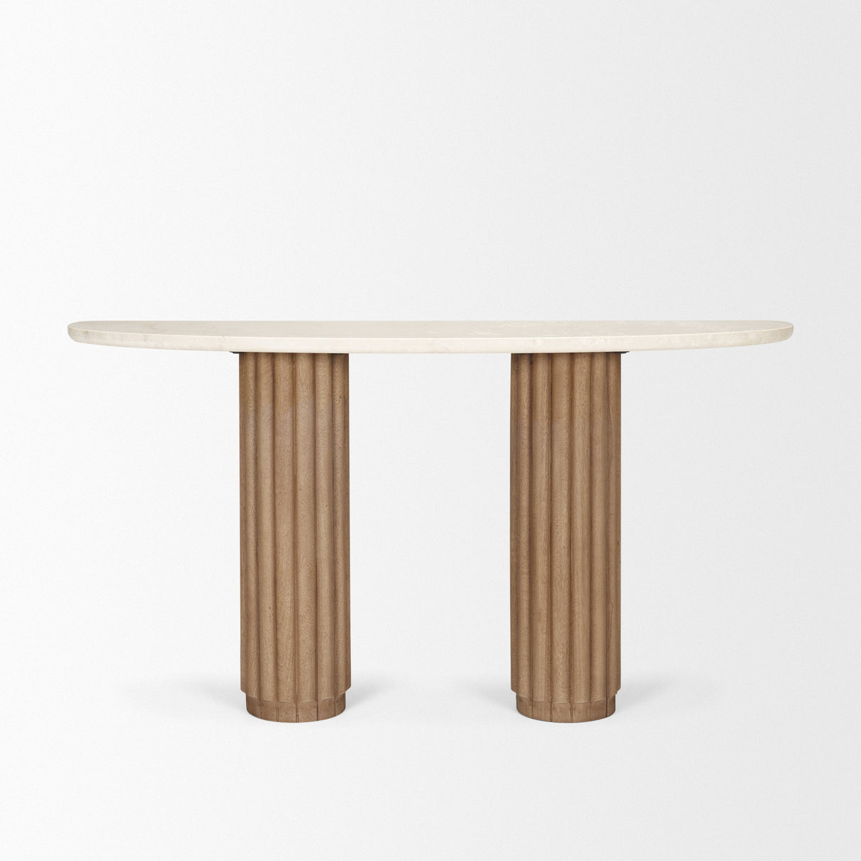 Marbrello Botticino Marble Top Light Brown Fluted Wood Half Moon Console Table by Mercana at Eve Furniture