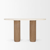Marbrello Botticino Marble Top Light Brown Fluted Wood Half Moon Console Table by Mercana at Eve Furniture