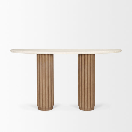 Marbrello Botticino Marble Top Light Brown Fluted Wood Half Moon Console Table by Mercana at Eve Furniture