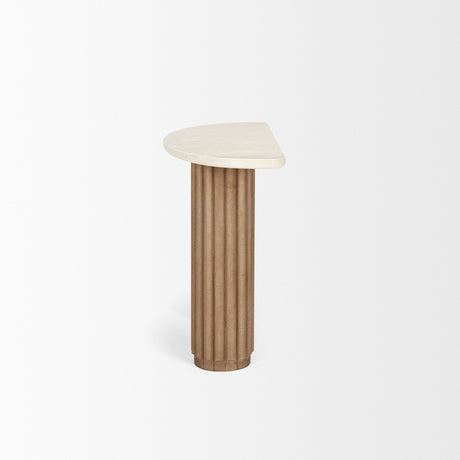 Marbrello Botticino Marble Top Light Brown Fluted Wood Half Moon Console Table by Mercana at Eve Furniture