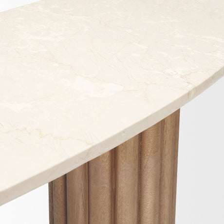 Marbrello Botticino Marble Top Light Brown Fluted Wood Half Moon Console Table by Mercana at Eve Furniture