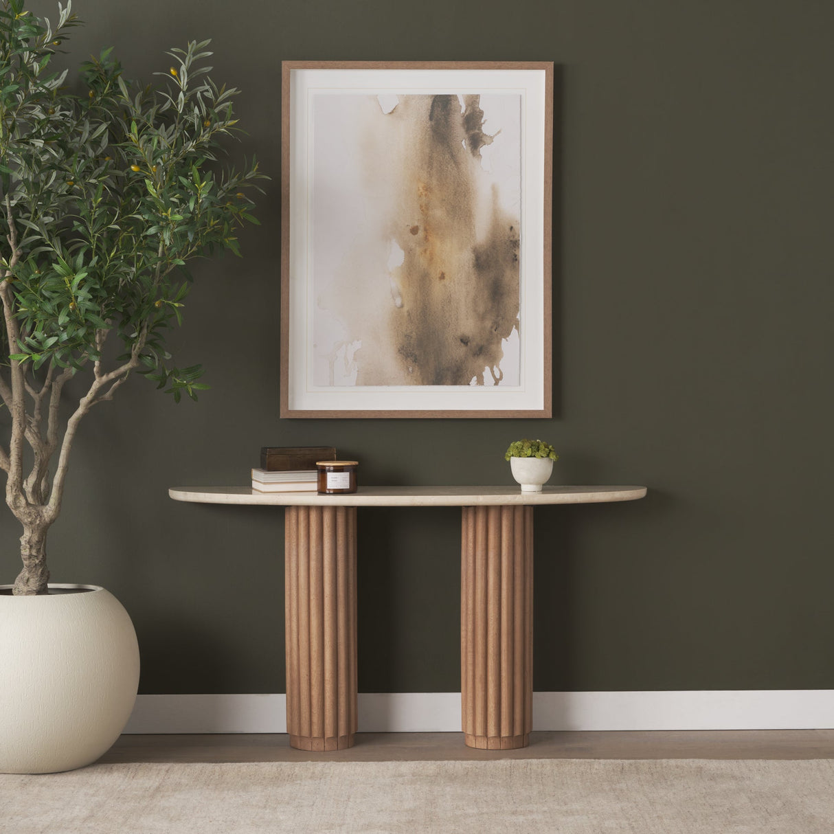 Marbrello Botticino Marble Top Light Brown Fluted Wood Half Moon Console Table by Mercana at Eve Furniture