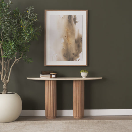 Marbrello Botticino Marble Top Light Brown Fluted Wood Half Moon Console Table by Mercana at Eve Furniture
