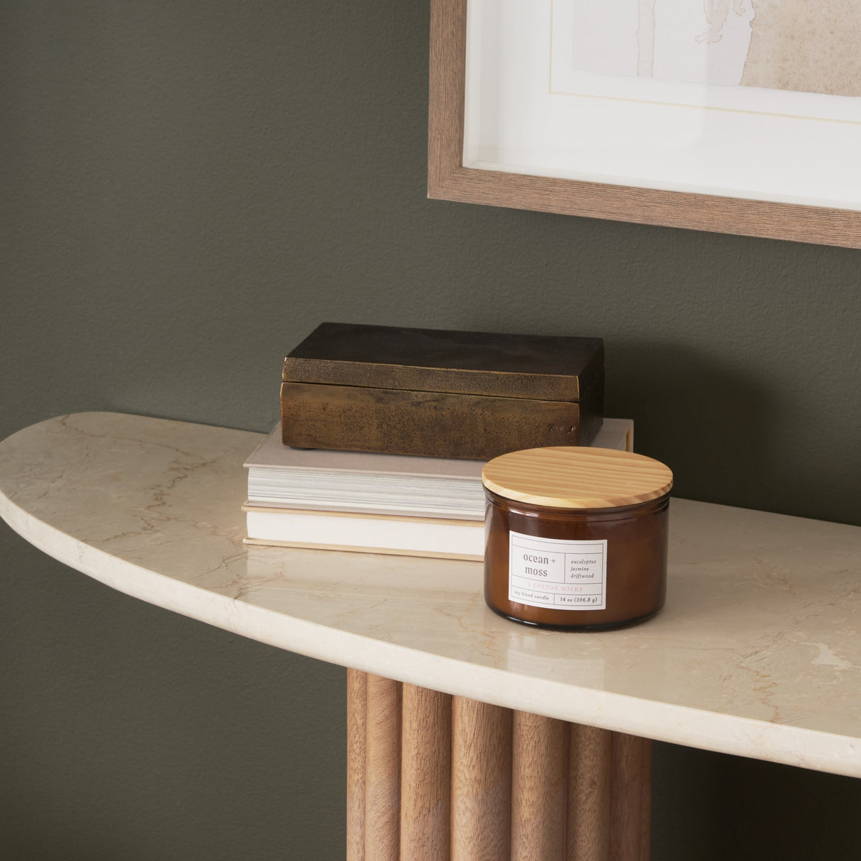 Marbrello Botticino Marble Top Light Brown Fluted Wood Half Moon Console Table by Mercana at Eve Furniture