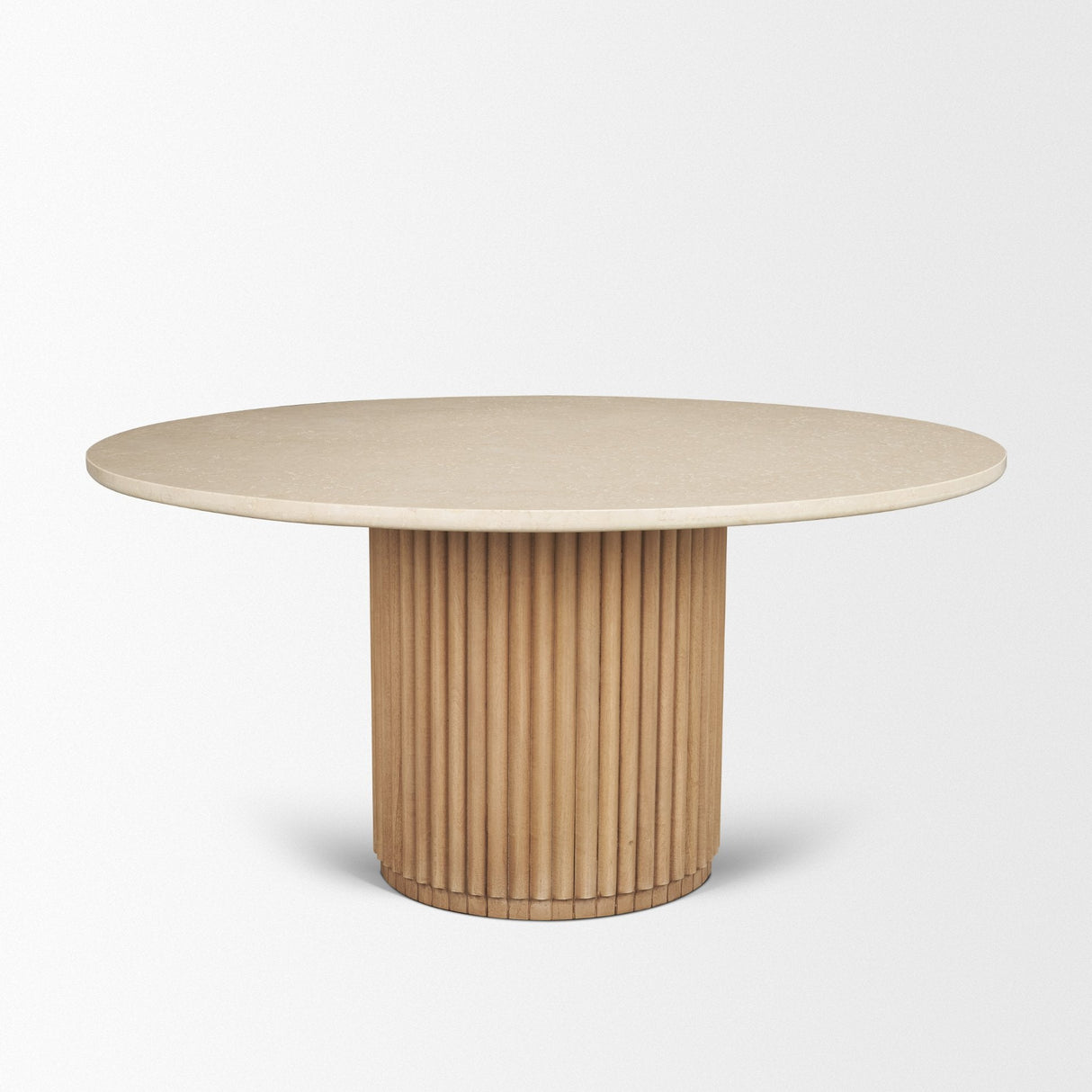 Marbrello Botticino Marble Top Light Brown Fluted Wood Round Dining Table by Mercana at Eve Furniture