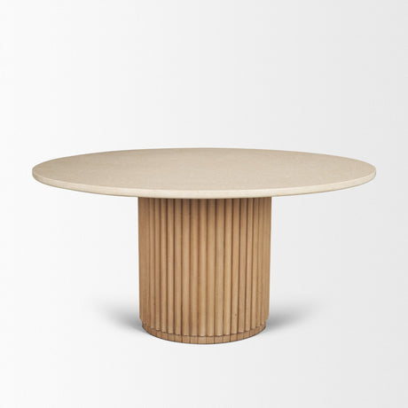 Marbrello Botticino Marble Top Light Brown Fluted Wood Round Dining Table by Mercana at Eve Furniture