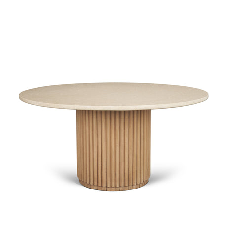 Marbrello Botticino Marble Top Light Brown Fluted Wood Round Dining Table by Mercana at Eve Furniture
