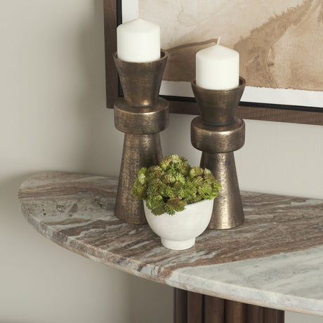 Marbrello Pink Marble Top Dark Brown Fluted Wood Half Moon Console Table Top by Mercana at Eve Furniture