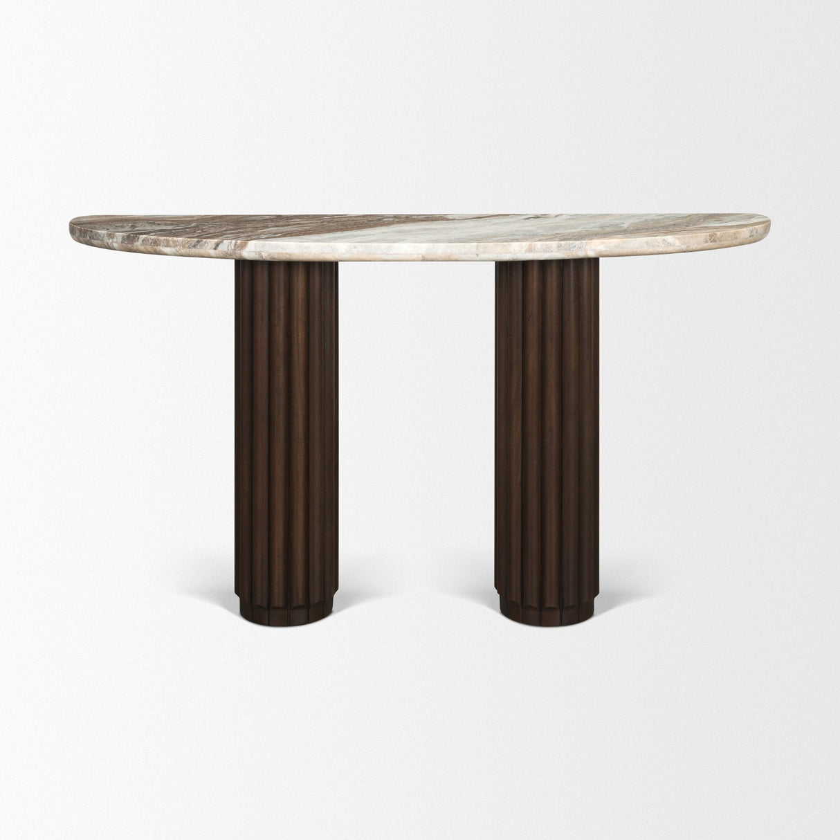 Marbrello Pink Marble Top Dark Brown Fluted Wood Half Moon Console Table Top by Mercana at Eve Furniture