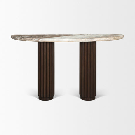Marbrello Pink Marble Top Dark Brown Fluted Wood Half Moon Console Table Top by Mercana at Eve Furniture