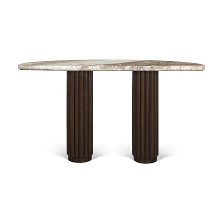 Marbrello Pink Marble Top Dark Brown Fluted Wood Half Moon Console Table Top by Mercana at Eve Furniture