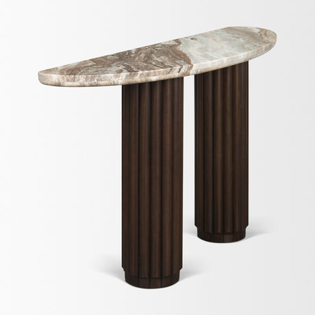 Marbrello Pink Marble Top Dark Brown Fluted Wood Half Moon Console Table Top by Mercana at Eve Furniture