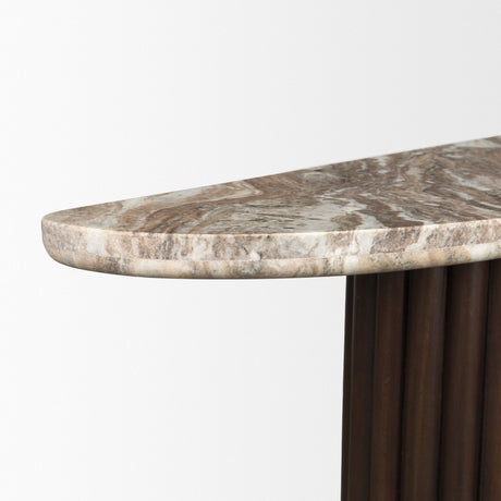 Marbrello Pink Marble Top Dark Brown Fluted Wood Half Moon Console Table Top by Mercana at Eve Furniture