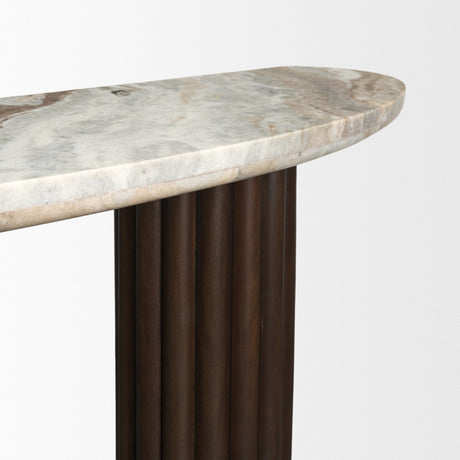 Marbrello Pink Marble Top Dark Brown Fluted Wood Half Moon Console Table Top by Mercana at Eve Furniture