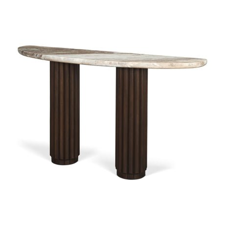 Marbrello Pink Marble Top Dark Brown Fluted Wood Half Moon Console Table Top by Mercana at Eve Furniture