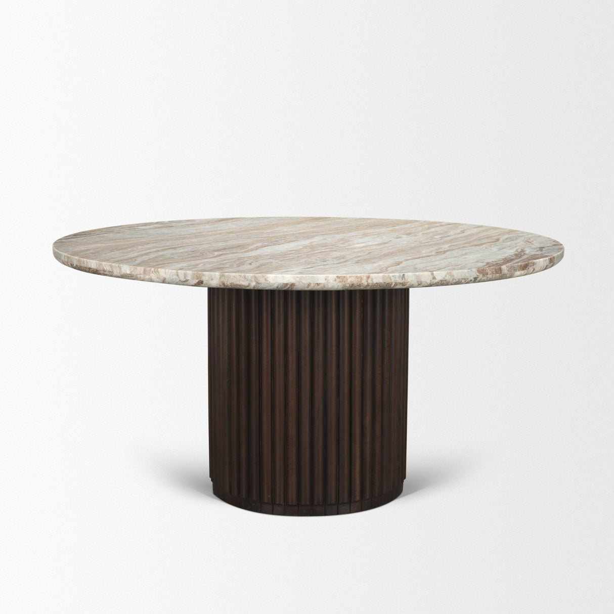 Marbrello Pink Marble Top Espresso Brown Fluted Wood Round Dining Table by Mercana at Eve Furniture