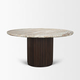 Marbrello Pink Marble Top Espresso Brown Fluted Wood Round Dining Table by Mercana at Eve Furniture