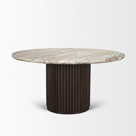 Marbrello Pink Marble Top Espresso Brown Fluted Wood Round Dining Table by Mercana at Eve Furniture