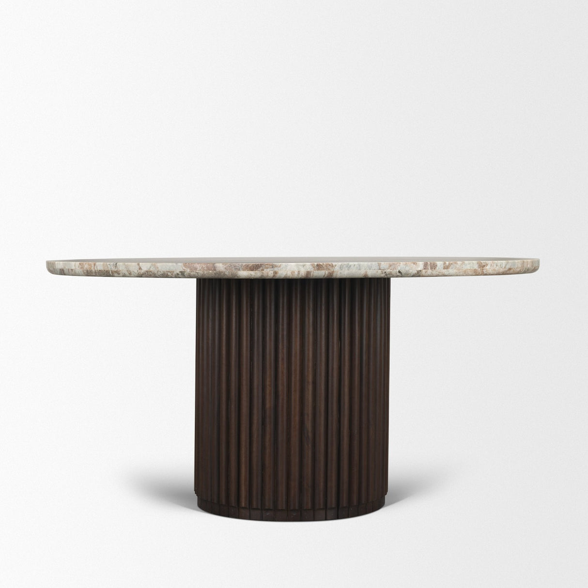 Marbrello Pink Marble Top Espresso Brown Fluted Wood Round Dining Table by Mercana at Eve Furniture
