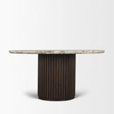 Marbrello Pink Marble Top Espresso Brown Fluted Wood Round Dining Table by Mercana at Eve Furniture