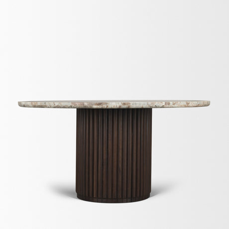 Marbrello Pink Marble Top Espresso Brown Fluted Wood Round Dining Table by Mercana at Eve Furniture