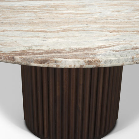 Marbrello Pink Marble Top Espresso Brown Fluted Wood Round Dining Table by Mercana at Eve Furniture
