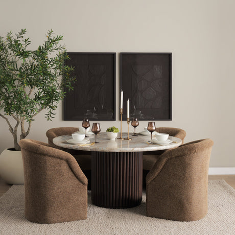 Marbrello Pink Marble Top Espresso Brown Fluted Wood Round Dining Table by Mercana at Eve Furniture